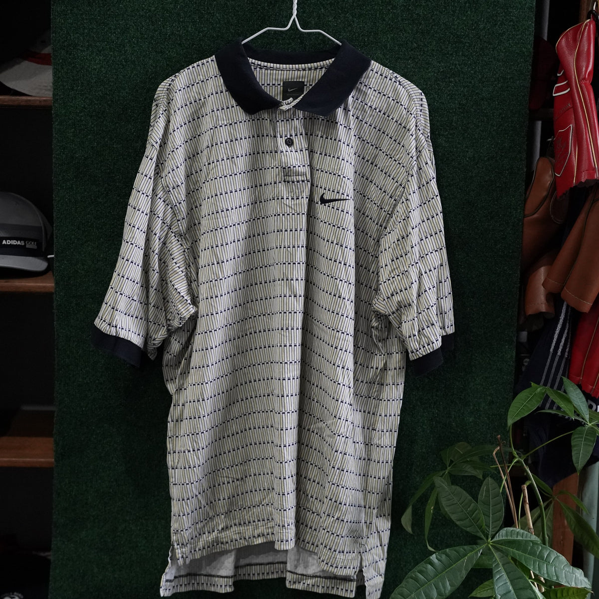 Vintage Nike Polo - Beige/Black Pinstripe Grid