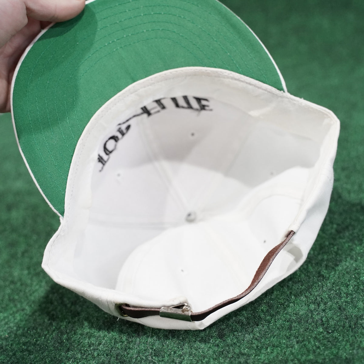 Top-Flite Strap-Back Hat (White, Black Embroidery, Green Underbrim)