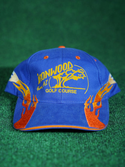 Vintage Ironwood Golf Course Hat Flames Embroidered Snapback Blue Orange