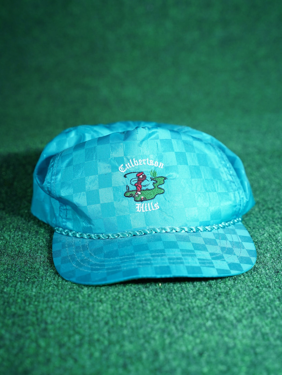 Vintage Colberton Hills Golf Hat Teal Checkerboard Rope Leather Strap