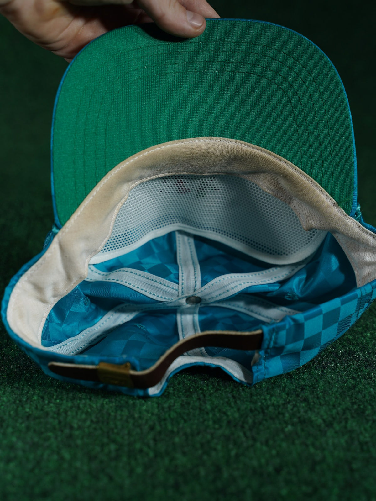 Vintage Colberton Hills Golf Hat Teal Checkerboard Rope Leather Strap