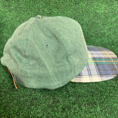 Vintage Buck Creek plaid green leather derby cap strap back