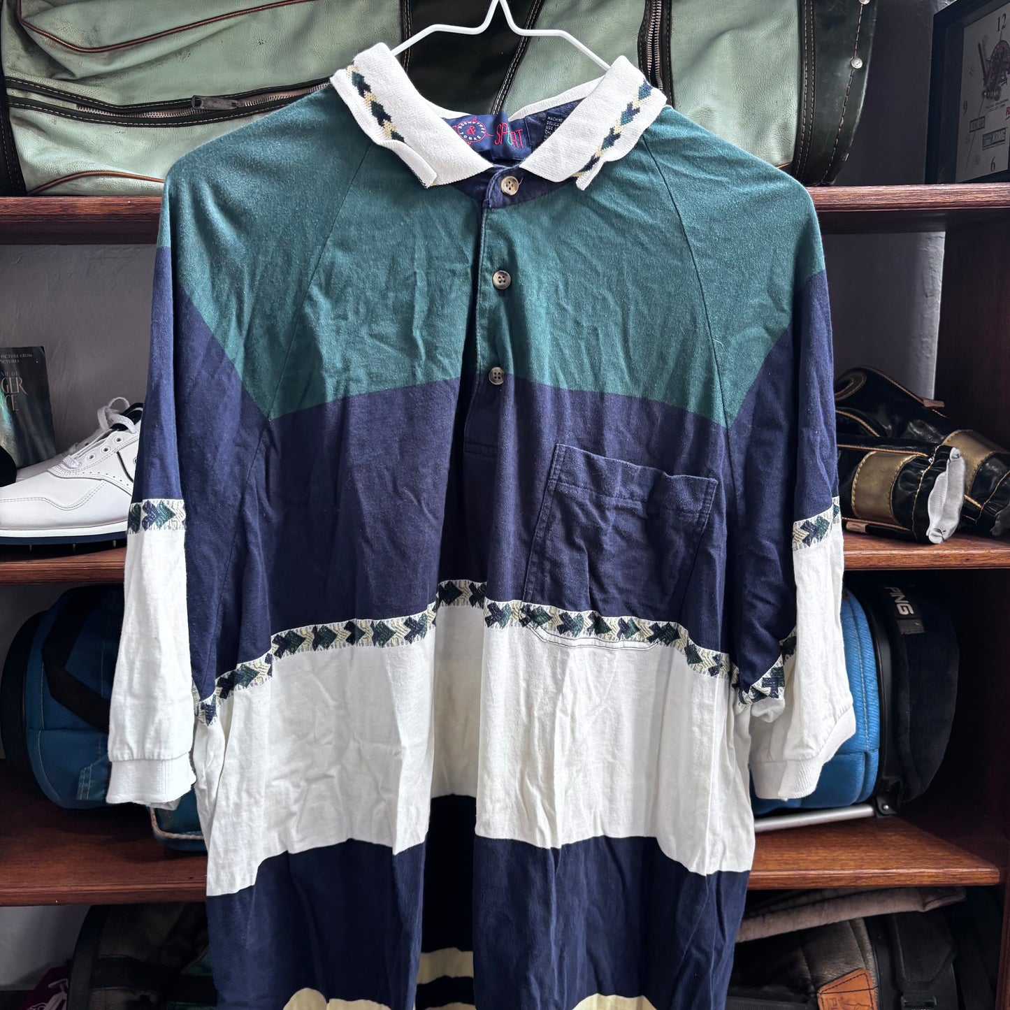 Vintage green blue pattern collar polo